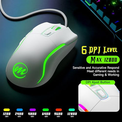 memzuoix Wired Gaming Mouse with RGB - 6 Adjustable DPI up to 12800, 6 Buttons, 12 Lighting Modes, Ergonomic Design with Anti-Slip Rubber Wheel, 5.6ft Braided Cable for PC/Mac/Windows - White - color: White