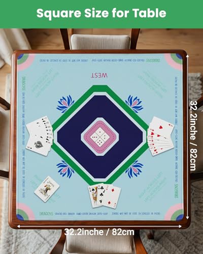 Mahjong Mat for Table, 32.4×32.4 Non-Slip Rubber Mahjong Mats with 2026 Mahjong Card, Neoprene Mah Jong Mat with Carrying Bag for Poker, Board Games,Dominoes,Cards & Tile Games - color: Sku Bule Green