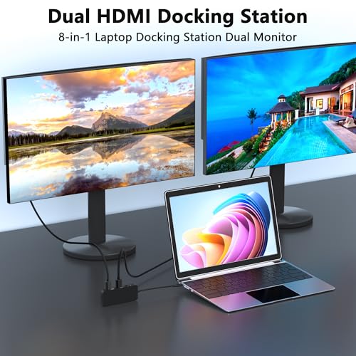 Laptop Docking Station Dual Monitor for Dell/HP/Lenovo/Mac, HDMI Splitter for Dual Monitors Extended Display, Dual Monitor Adapter 4K@60hz, USB C Docking Station for Laptop with HDMI/USB/PD/SD/TF - style: 8 IN 1 4K@60hz Black