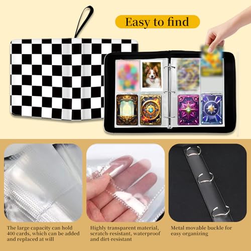 AXUASSILD 4 Pocket Card Binder, Premium Trading Card Holder Fits 400 Cards With 50 Removable Sleeves, Cute Portable Collection Card Ablum Holder Black White Checkerboard - color: Black White Checkerboard