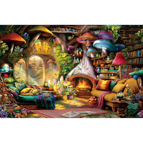 Fantasy Mushroom House Jigsaw Puzzle, 500 Pieces, Cozy Interior Scene with Fireplace - color: Mushroom House-colorful