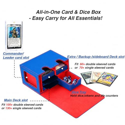Venssu MTG Deck Box for Commander Display with Dice Tray (Blue＆Red) | Holds 200 Single/160 Double-Sleeved Cards, Fit MTG/PTCG/OPTCG Cards, Strong Magnet, With 2 Dividers & 1 Magnetic Card Holder - color: Blue＆Red