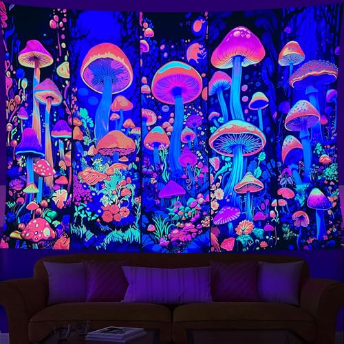 Blacklight Mushroom Tapestry Flower Plant Wall Hanging, UV Reactive Tapestries Glow in The Dark Tapestry, Hippie Wall Hanging for Bedroom Trippy Room Decor (70" x 90") - color: Colored mushroom, size: 90"L x 70"W