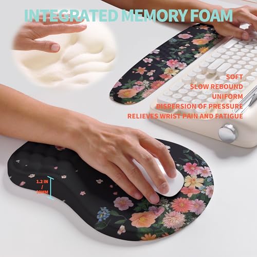 2-in-1 Ergonomic Set, Wave Rise Keyboard Wrist Rest and Massage Bulge Slope Mouse Pad Wrist Support, Cushion Memory Foam Integrated to Relieve Wrist Pain, Flower Dance - color: Flower Dance