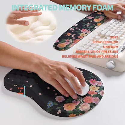 2-in-1 Ergonomic Set, Wave Rise Keyboard Wrist Rest and Massage Bulge Slope Mouse Pad Wrist Support, Cushion Memory Foam Integrated to Relieve Wrist Pain, Flower Dance - color: Flower Dance