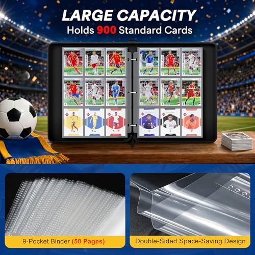 Kabinka 9-Pocket Soccer Card Binder, 2025-2026 Soccer Trading Cards Binder Fits 900 Cards with 50 Removable Double-Sided Sleeves, Waterproof PU Card Albums for Soccer Fans - color: Soccer-2, size: 9 Pocket 900