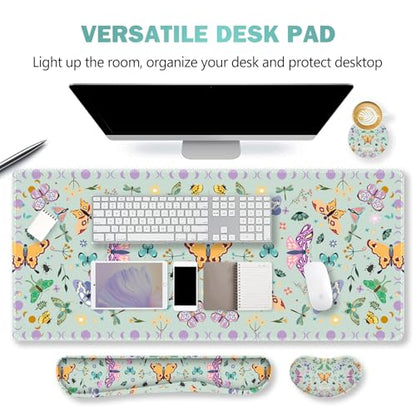 ARTSO Desk Mat Set, Aquamarine Extended Gaming Mouse Pad with Wrist Rest Support +Keyboard Wrist Rest +Coaster, Large Cute Butterfly Mousepad for Office, Home - color: Aquamarine Butterfly