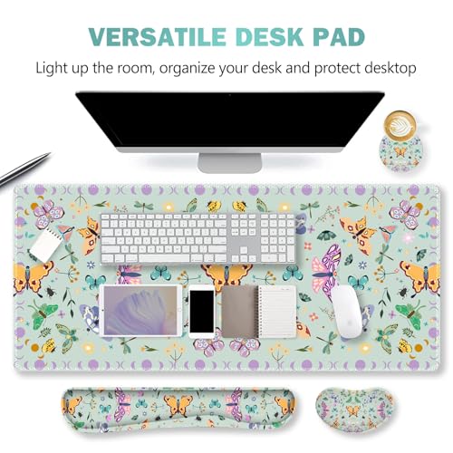 ARTSO Desk Mat Set, Aquamarine Extended Gaming Mouse Pad with Wrist Rest Support +Keyboard Wrist Rest +Coaster, Large Cute Butterfly Mousepad for Office, Home - color: Aquamarine Butterfly