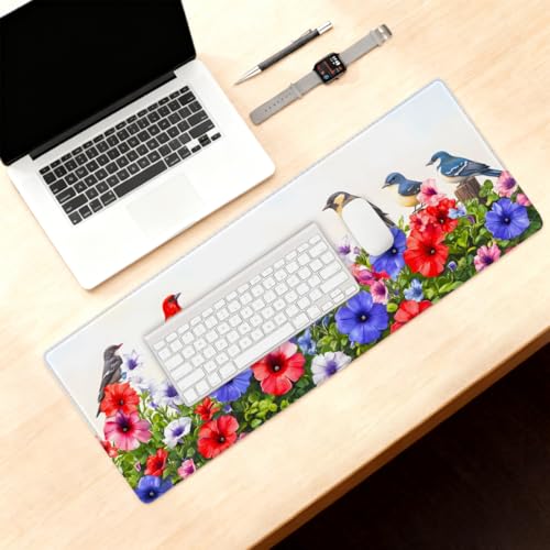 Colorful Flower Bird Fence Gaming Mouse Pad, with Stitched Edges, Rubber Base Keyboard and Mouse pad Desk Mat Non-Slip Waterproof Protector Writing Pad for Work Game Office Home 11.8x31.5in-2 - color: B 001, size: Large