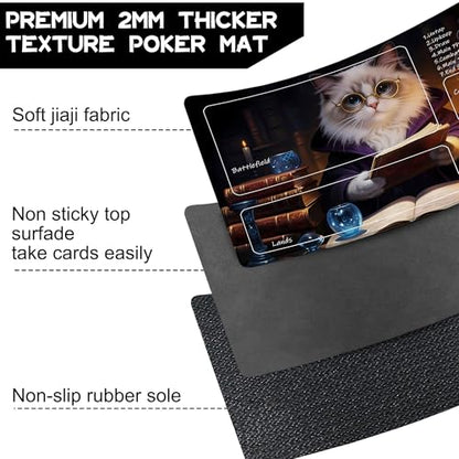 for MTG Playmat 24 x 14 Inches Cat Magic Play Mat Card Game Mat for Magic The Gathering TCG PTCG Playmat with Free Storage Bags Non-Slip Backing and Stitched Edge - color: Cat With Zones