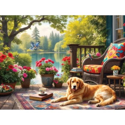 Bits and Pieces 300 Piece Puzzles for Adults - Porchside Tranquility - 300 Large Pieces 18" x 24" Jigsaw Puzzles, Golden Retriever Dog Lake, No 2 Pieces Alike - size: 300 Piece Puzzle