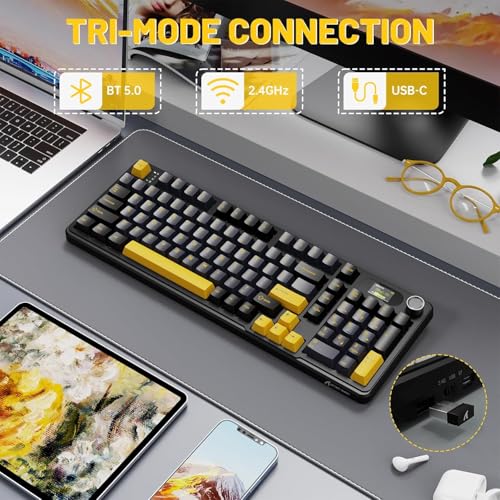 MAMBASNAKE Attack Shark X98 Pro Wireless Mechanical Keyboard with Screen & Knob, 2.4G/USB-C/BT5.0 Gasket Hot Swappable Creamy Keyboard102 Keys, Web Driver RGB Gaming Keyboard for PC/Mac/PS4/Xbox - color: Black/Yellow