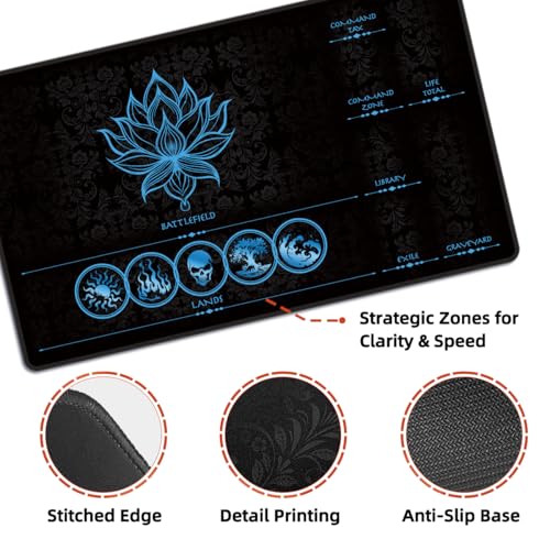 MTG Playmat with Zones – Lotus Sketch Blue 24x14 Card Game Mat for Magic The Gathering, Stitched Edge, Non-Slip Rubber Base with Prismatic Playmat Tube – Lotus Blue Zone - color: Lotus Blue Zone