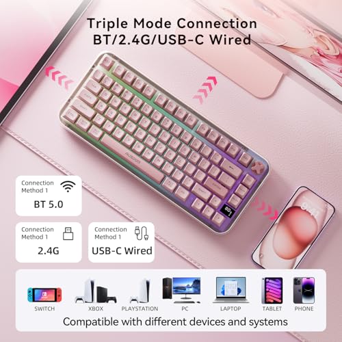 AUSDOM K75pro Wireless Gaming Creamy Keyboard, Tri-Mode BT/2.4G/USB-C Computer Keyboard, RGB Backlit Media Knob Creamy Keyboard, Pink - color: Pink