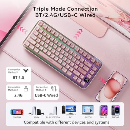 AUSDOM K75pro Wireless Gaming Creamy Keyboard, Tri-Mode BT/2.4G/USB-C Computer Keyboard, RGB Backlit Media Knob Creamy Keyboard, Pink - color: Pink