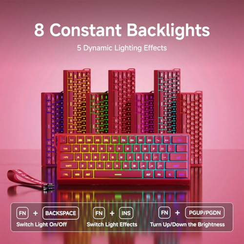SEUNKWANG F61 60% Gaming Keyboard Wired, RGB Backlit Membrane Keyboard with PBT Keycaps, Compact Design, Lanyard Wired Keyboard for Mac/Win (Red, Wired) - color: Red
