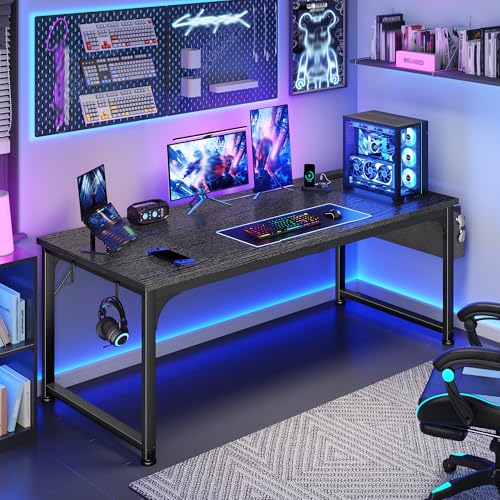 DurayLoly 63 x 24 inch Large Gaming Desk, 24mm Thick Desktop with RGB LED, Computer Desk with Built-in Power Outlets, Detachable Stand, 150LBS Heavy Duty, Ultimate Desk for Pro Gamers, Black - color: Black, size: 63 Inch