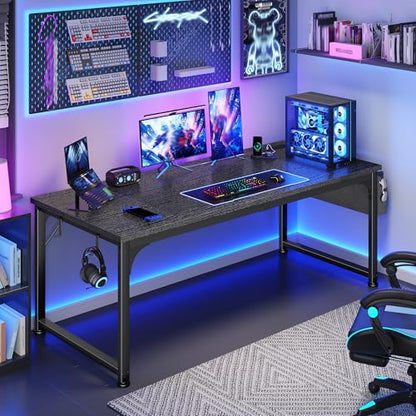 DurayLoly 63 x 24 inch Large Gaming Desk, 24mm Thick Desktop with RGB LED, Computer Desk with Built-in Power Outlets, Detachable Stand, 150LBS Heavy Duty, Ultimate Desk for Pro Gamers, Black - color: Black, size: 63 Inch