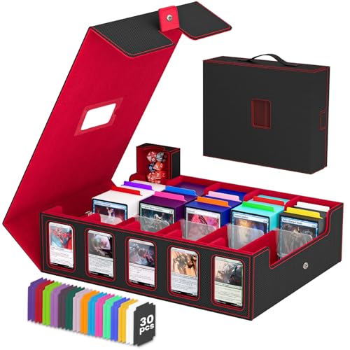5 Row Trading Card Storage Box, Fit 4200+ Sleeveless Cards, Black & Red | Large Capacity, Portable Handle, Include 30 Divider, 8 Supporters, 1 Dice Tray, Compatible for MTG/TCG/Magic Sports Cards - color: Black & Red, size: 4200+