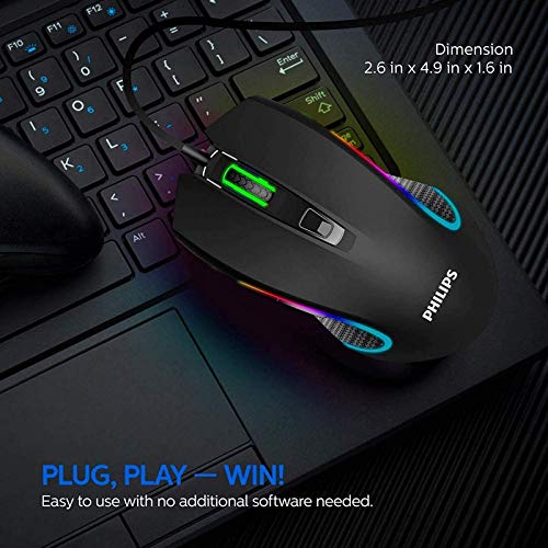 Philips Wired PC Gaming Mouse RGB Spectrum Backlit Ergonomic Mouse, Programmable Buttons Up to 6400 Adjustable DPI Optical USB Computer Mice for Windows PC Gamers