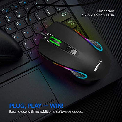 Philips Wired PC Gaming Mouse RGB Spectrum Backlit Ergonomic Mouse, Programmable Buttons Up to 6400 Adjustable DPI Optical USB Computer Mice for Windows PC Gamers