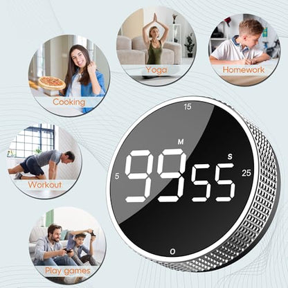 Digital Kitchen Timer - Magnetic Countdown Count Up Clock with Large LED Display, 5/15/25 Min Presets, 3 Volume Levels, Rotary Dial for Cooking, Productivity, Classroom, Fitness (1, Silver) - color: Silver