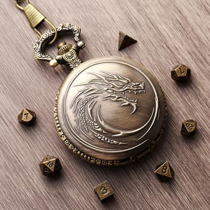 Mini DND Dice Set with Steampunk Dragon Head Totem Pocket Watch Case, Tiny 7PCS Polyhedral Metal D&D Dice, DND Gifts with Gift Box, Role Playing Game Board Game Accessories Dice, Bronze - color: Bronze