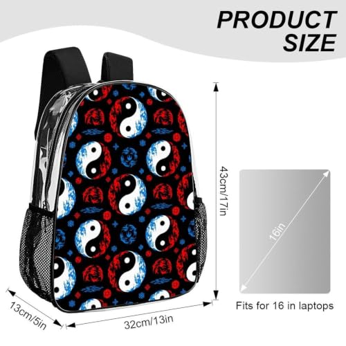Stadium Approved Heavy Duty Clear Bookbag Adjustable Shoulder Straps | Heavy Duty, Tai Chi Water Fire Yin Yang Black, Transparent, PVC See Through Daypack - color: Pattern (833)