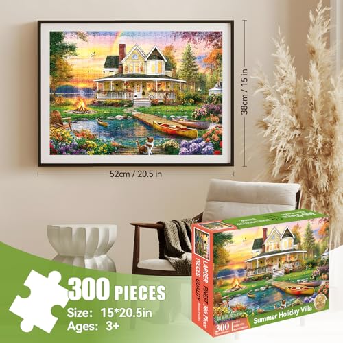 300 Piece Puzzle for Adults, Large Piece Elderly Jigsaw Puzzle, Lakeside Villa with Cat and Garden, Family Kids and Adults Fun Gift, 20.5x15 in - color: Lakeside Villa