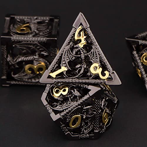 KERWELLSI Hollow DND Dice Set D&D with Gifts Box, 7pcs Polyhedral Metal D and D Dice for Role Playing Game, Dungeon Dragon Dice D20 D12 D10 D8 D6 D4 (Black) - color: Black
