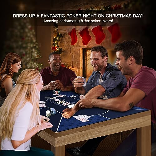94 x 47 Inch Poker Mat with Stronger Sewn Edges, 10 Players Texas Hold'em Poker Rubber Mat Poker Topper for Tables, Folding Portable Poker Table Top Layout w/Carrying Bag for Poker Games, Blackjack - color: 94x 47 Inch Blue
