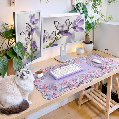 iCasso Desk Mat Set,Large Mouse Pad with Wrist Rest,Ergonomic Keyboard Wrist Support for Women,Girly Floral Computer Mat with Scalloped Edges,Non-Slip Desk Pad Home Office Gaming (Purple) - color: Purple