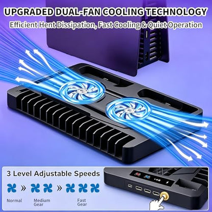 Cooling Station for Ps5/Slim/Pro Disc & Digital Playstation 5 Vertical Stand Organizer with Dual Controller Charger,16 Game Slots,7 Rgb,3 Level Cooler Fan,3 Usb Ports,Headset & Remote Holder - color: Transparent Black