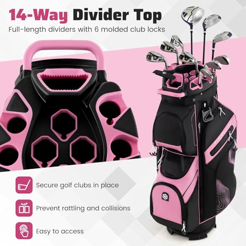 Goplus Lightweight Golf Cart Bag, Molded Lock Top Golf Club Bag w/14-Way Full Length Organizer Dividers, 11 Pockets, Cooler Bag, Straps, Umbrella Holder & Rain Hood for Men Women - color: Black+Pink