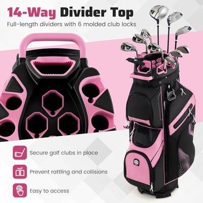 Goplus Lightweight Golf Cart Bag, Molded Lock Top Golf Club Bag w/14-Way Full Length Organizer Dividers, 11 Pockets, Cooler Bag, Straps, Umbrella Holder & Rain Hood for Men Women - color: Black+Pink