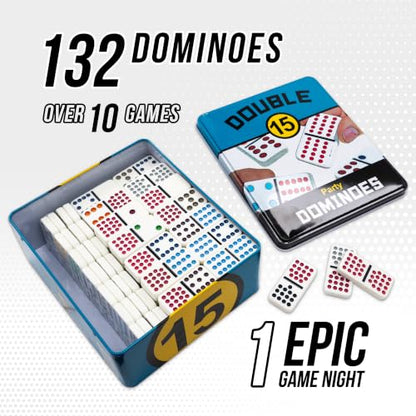 Double 15 Domino Game Travel Tin, Portable Family Game, Ages 8+