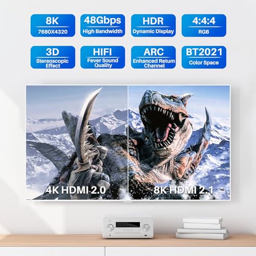 Adoreen 8K HDMI 2.1 Cable (Certified) 10 feet, 48Gbps Braided HDMI Cord(3.3ft to 16.5ft) for 8K@60Hz 4K@120Hz 2K 1080P, Dynamic HDR, eARC HDCP2.2 Compatible PS5,PS4,HD TV with 5 Cable Ties(3m) - size: 10FT