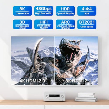 Adoreen 8K HDMI 2.1 Cable (Certified) 10 feet, 48Gbps Braided HDMI Cord(3.3ft to 16.5ft) for 8K@60Hz 4K@120Hz 2K 1080P, Dynamic HDR, eARC HDCP2.2 Compatible PS5,PS4,HD TV with 5 Cable Ties(3m) - size: 10FT