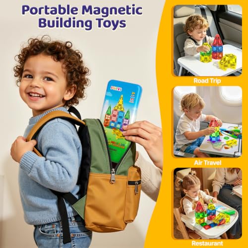 Mini Magnetic Tiles Travel Set with Car, Magnetic Toys for Toddlers | Magnetic Blocks for Kids Ages 3+, Portable Travel Kids Toys with Metal Storage Box, Christmas Birthdays Gifts for Boys Girls