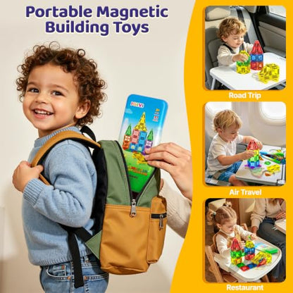 Mini Magnetic Tiles Travel Set with Car, Magnetic Toys for Toddlers | Magnetic Blocks for Kids Ages 3+, Portable Travel Kids Toys with Metal Storage Box, Christmas Birthdays Gifts for Boys Girls