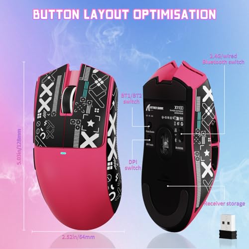 ATTACK SHARK X11SE Wireless Gaming Mouse, 59g Lightweight, Magenta&Tape | Bluetooth/2.4Ghz Wireless/Wired Connectivity, 22K DPI, PixArt PAW3311 Gaming Sensor, 1K Polling Gamer Mice for PC/Mac - color: Magenta&Tape