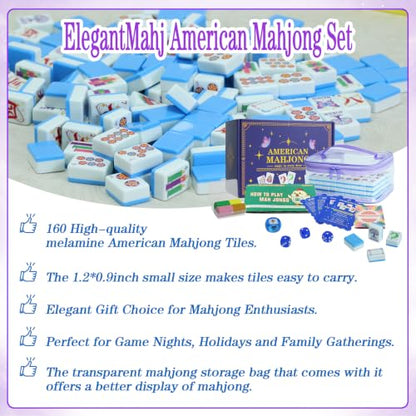 American Mahjong Set, 160 Blue Engraved Melamine Tiles | 1.2x0.9 Inches Travel Mahjong Tiles, Storage Bag, For Adult Social Games, Beginners & Mah Jongg Lovers Gift