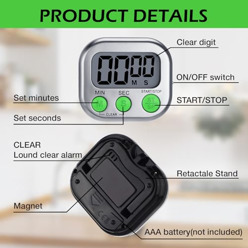 Leumoi 24 Pack Multi-Function Digital Timers with Magnetic Back, Large LCD Display, Loud Alarm, Count up & Countdown, Memory Function for Cooking, Classroom, Study, Exercise & Work(Sliver and Green) - color: Sliver and Green
