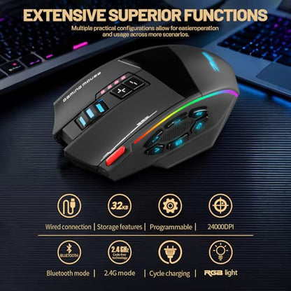 Wireless Gaming Mouse, RGB Dual Mode Bluetooth Mouse Up 24,000 DPI, 13 Macro Programmable Buttons, Optical Computer Mouse 50Hrs for PC Laptop MOBA FPS, PMW-3311, Comfort Grip (Black)