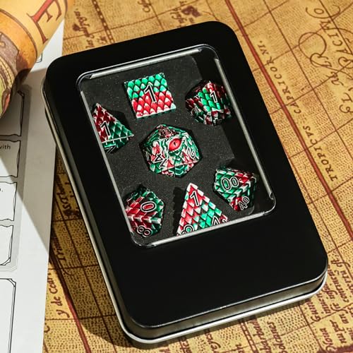 Dragon Eye Metal Dice Set - 7 Pcs Dragon Scale Metallic D&D Dice, Gift Box for Dungeons and Dragons Tabletop Game (Red, Green Dragon Scale & Red Eye) - color: Red Green Dragon Scale & Red Eye
