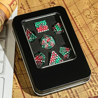 Dragon Eye Metal Dice Set - 7 Pcs Dragon Scale Metallic D&D Dice, Gift Box for Dungeons and Dragons Tabletop Game (Red, Green Dragon Scale & Red Eye) - color: Red Green Dragon Scale & Red Eye