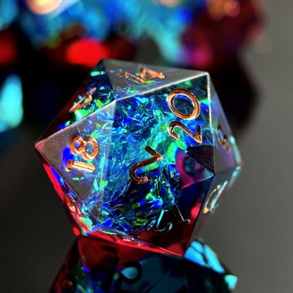 HAOMEJA 7pcs Sharp Edge Resin Dice Set, Handmade Polyhedral Dice with Glitter & Galaxy Effect Apply to DND, D&D, RPG, MTG Tabletop Games, Role Playing Game, Easter, Halloween Party Gift (Blue Red) - color: T Blue Red