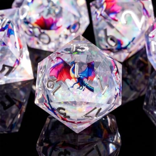 DND Dice Set Polyhedral, Translucent Liquid Core Dice, Resin Colorful Dragon Design for Dungeons Dragons D and D TRPG Gaming Dice(Colorful Dragon-White Glitter) - color: Colorful Dragon-white Glitter