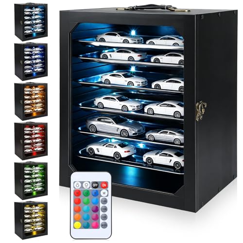 AceOrbit Miniature Storage Carrying Case for Collectibles with LED Light Strip, 6 Trays and Lock Wooden Miniatures Display Case Transport Shelves with Handle for Action Figure Model Collectibles Black