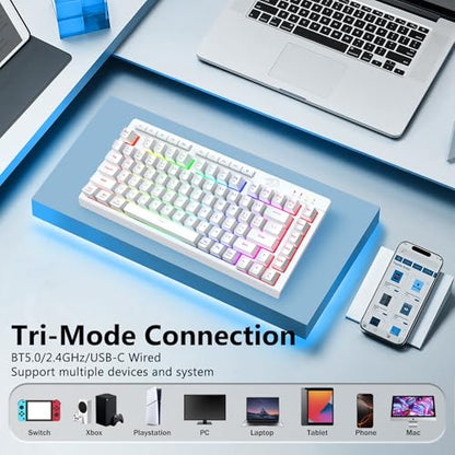 Redragon Wireless Gaming Keyboard, Bluetooth/2.4GHz/USB-C Wired, RGB Backlit, Portable 75% Mini Quiet Macro Membrane Keyboard, Rechargeable 4000mAh Battery, Anti-Ghosting for Win/MAC, White - color: White